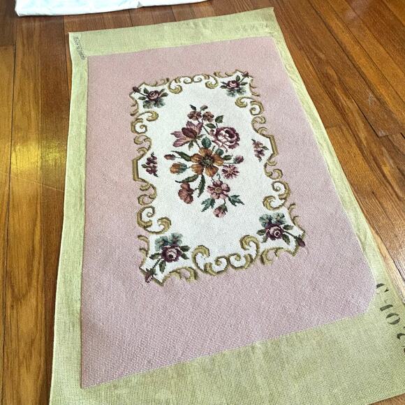 Vintage Pink Floral Needlepoint with Roses and Scroll Design Unframed - Picture 10 of 15